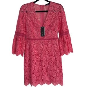 Marc Cain Designer Lace Crochet Wide Sleeve Hot Coral Pink Size US 4 Dress